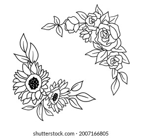 Flower border with flowers and leaves in outline style. Vector sunflowers and roses. Elegant bouquet isolated on white background