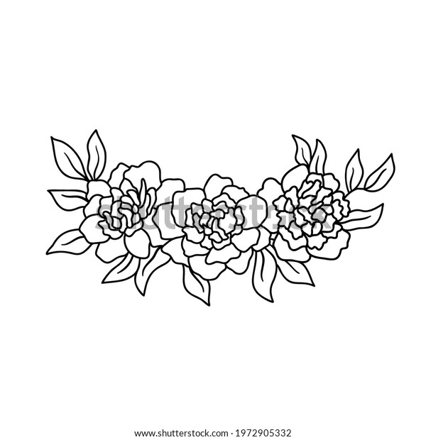 Flower border\
with flowers and leaves in outline style. Vector peonies. Elegant\
bouquet for invitations,\
posters