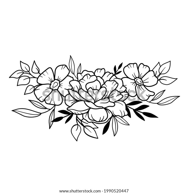 Flower border with flowers and\
leaves in outline style. Vector peonies. Elegant bouquet hand\
drawn
