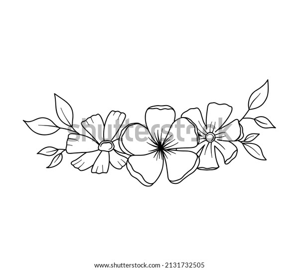 Flower border with flowers and leaves in outline\
style. Vector line wildflowers. Elegant floral bouquet hand drawn\
isolated on white