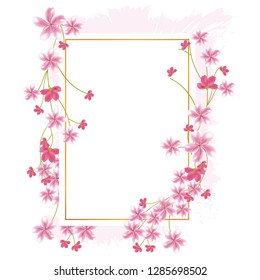 flower border with gold thin frame, pink cherry blossom on white background, wedding invitation and greeting card element, square shape