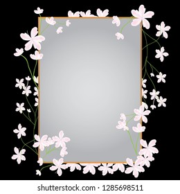 flower border with gold thin frame, pink cherry blossom on black background, wedding invitation and greeting card element, square shape