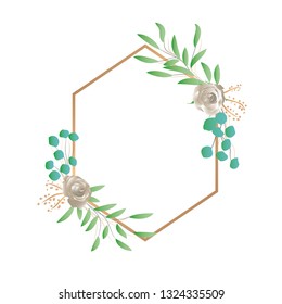 Flower border with golden hexagonal shape and white rose floral leaf element