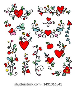 Flower Border, Hearts and flowers frame, Decorative elements on a white background, Romantic flowers