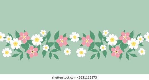 Borda de flor isolada em um fundo verde. Padrão horizontal sem emenda. Flores brancas, cor-de-rosa e folhas verdes em estilo plano. Fundo para papel, embrulho de presente, têxtil, pratos.