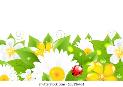 Flower Border With Ladybug, Isolated On White Background, Vector Illustration
