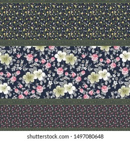 flower border patchwork pattern ON NAVY 