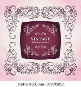 Flower border, pattern, square shape.Stylized plant pattern art deco.  Wine red and pink. Vector template design invitations, greeting cards, restaurant menus, postcards.