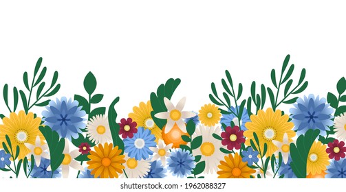Flower Border. Romantic Summer Floral background illustration with text space, vector illustration. Horizontally and vertically repeatable. Decorative Blossom Birthday Bouquet.