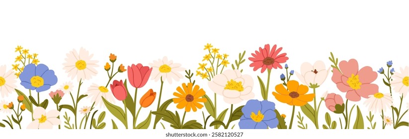 Flower border. Seamless cartoon floral spring flowers. Garden blooming, stem, leaves, plants. Wildflower meadow blossoms. Springtime floral frame. Botanic vector background.