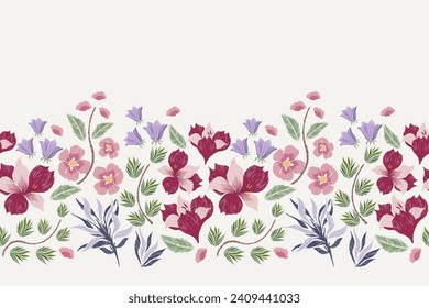 Flower border seamless flowers Ikat design paisley embroidery with floral motifs. Ethnic pattern oriental traditional. Ikat pattern seamless vector illustration. 