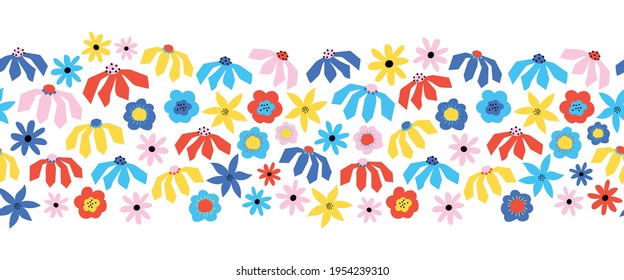 Borde de flores color rosa amarillo azul transparente. Repitiendo lindo patrón de niños florales horizontales estilo escandinavo papel abstracto cortado flores para la decoración de verano, guarnecido de tela, pie, tarjeta de saludo, pancartas.