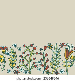 Flower border, seamless texture with flowers. Use as greeting card. Full color seamless floral background