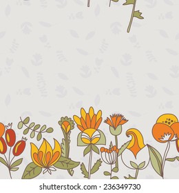 Flower border, seamless texture with flowers. Use as greeting card. Full color seamless floral background