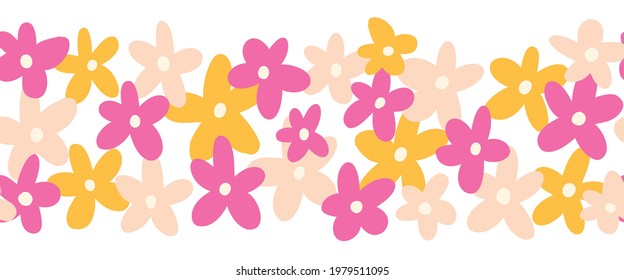 Flower Border Seamless Vector. Cute Simple Doodle Scandi Florals Repeating Horizontal Pattern. Kids Flower Banner Pink Yellow White. Use For Fabric Trim, Kids Wear, Footer, Header, Divider, Banner.