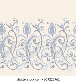 A flower border. Seamless vector ornament in style of porcelain. Delicate pattern with leaves, tendrils and buds