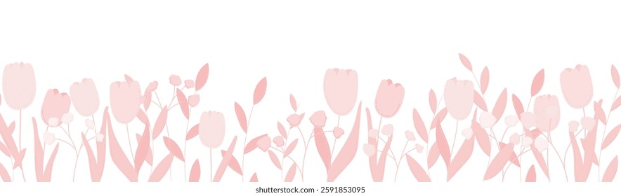 Flower border for spring botanical illustration. Wildflower print with pink tulip bloom and leaf graphic element. Floral design for meadow banner. Blossom decor isolated on white background
