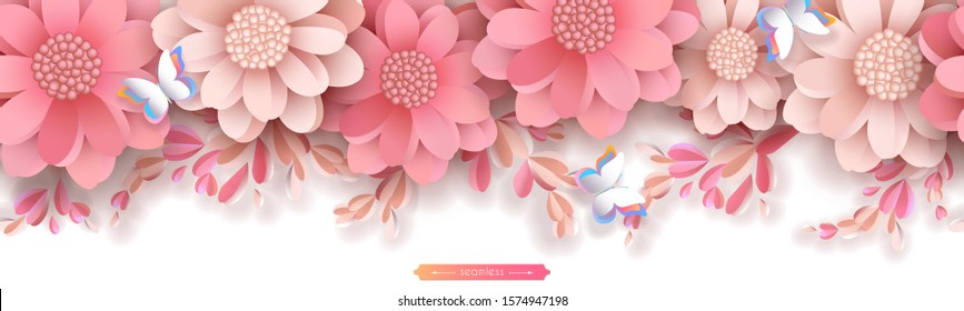 Flower border in the style of paper cut. Pink pastel peonies with decorative sprouts leaves and buds. Transparent shadows. Vector seamless horizontal pattern isolated on white background.