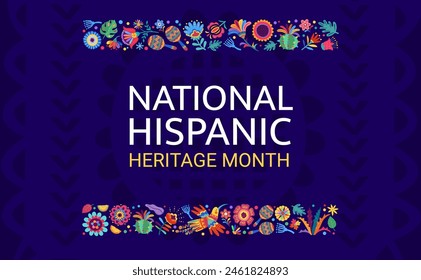 Flower borders and papel picado flag on national hispanic heritage month festival banner. Latino ethnic pattern background with tropical flowers, maracas and hummingbird, cactus and plant leaves flyer