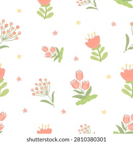 Flower botanic plant seamless pattern set featuring blossom star bud stem petal leaf bloom tulip sprig grass berry cluster flora