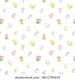 Flower botanic plant seamless pattern set featuring blossom sparkle daisy stem leaf petal tulip bud sprig bloom flora star wildflower