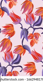 Flower botanical pattern, contrast orange violet nature bloom background. Spring elegan watercolor garden decor.