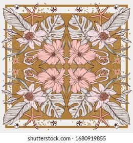 Flower botanical set in rectangle frame, scarf design. Rose flower background, vintage set. Ornament print for interior, decor, cloth, fabrics, wallpaper, banner, social media, advertising. Vector.