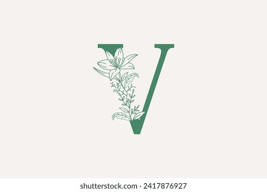 flower and botanicals logo design with letter v logo concept