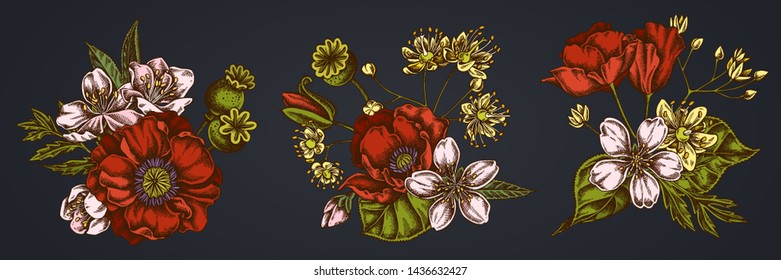 Flower bouquet of almond, poppy flower, tilia cordata