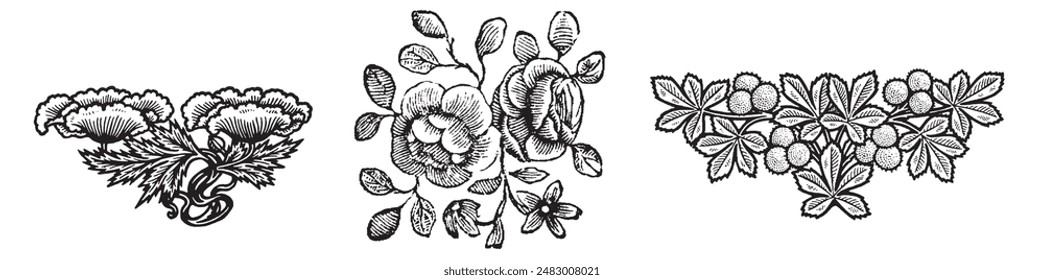 Flower bouquet. Antique, retro, vintage hand drawn illustration. Linocut drawing. Vignette floral element. Baroque, victorian retro emblem.