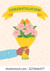 Flower bouquet banner. Hand hold flowers. Rose bunch for gift, beautiful floral romantic card. Congratulation banner. Botanical elements. Spring poster. Vector isolated utter illustration