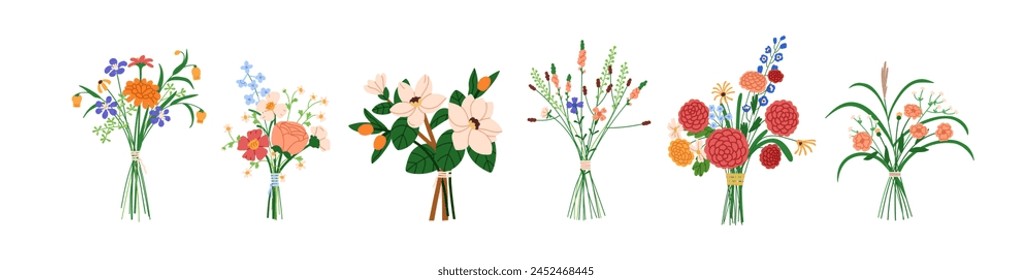 Flower bouquet, beautiful blossom arrangements set. Spring and summer floral bunches, garden flora and wildflowers. Fresh blooms, holiday gift. Flat vector illustration isolated on white background