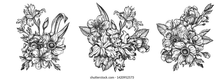 Flower bouquet of black and white anemone, iris japonica, sakura