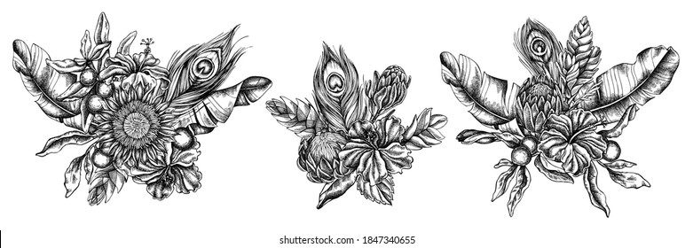 Flower bouquet of black and white banana palm leaves, hibiscus, solanum, bromeliad, peacock feathers, protea