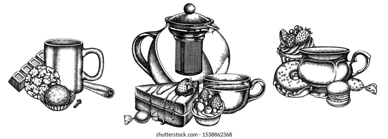 Flower bouquet of black and white cinnamon, macaron, bar, candies, cupcake, teapots, cups, cake, donut, cookie, truffle, tartlet