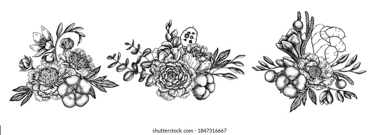 Flower bouquet of black and white ficus, eucalyptus, peony, cotton, freesia, brunia