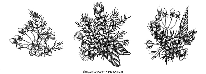 Flower bouquet of black and white juniper, hypericum, turmeric