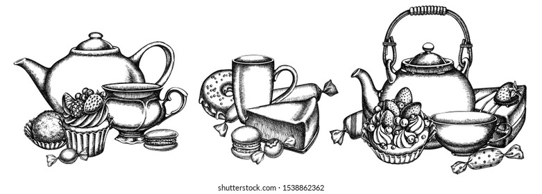 Flower bouquet of black and white macaron, candies, cheesecake, cupcake, teapots, cups, cake, donut, truffle, cake