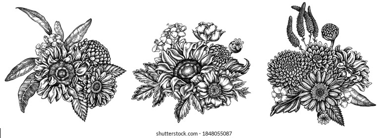 Flower bouquet of black and white poppy flower, gerbera, sunflower, milkweed, dahlia, veronica