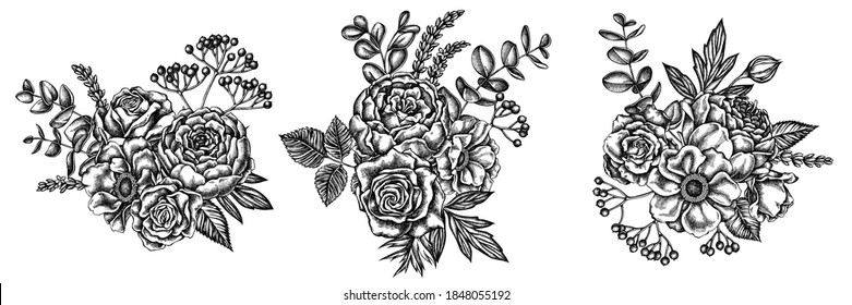 Flower bouquet of black and white roses, anemone, eucalyptus, lavender, peony, viburnum