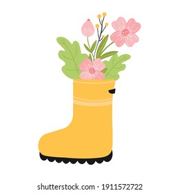 Flower bouquet in the blue rubber boot. Cute springtime flat hand drawn cartoon style vector illustration isolated on white background. 