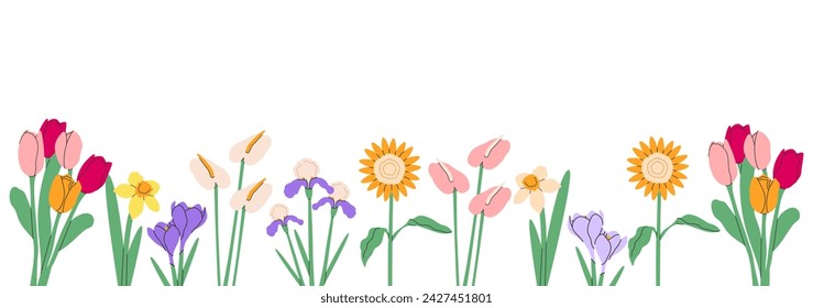 Flower bouquet border.Spring and summer flowers, plants for decoration, blooming herbs isolated on transparent background.Hand drawn set.Vector illustration EPS 10
