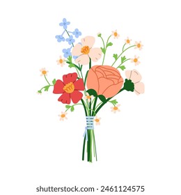 Ramo de flores, ramo. Flores de jardín y campo, subgrupos atados con cuerda. Arreglo floral de rosas, margaritas, flores silvestres. Suaves flores. Ilustración vectorial plana aislada sobre fondo blanco