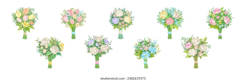 Flower Bouquet and Bunch with Green Leafy Branches Vector Set