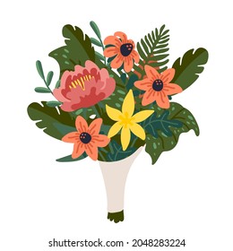 Flower bouquet, bunch of pink and yellow flowers and green branches. Vector illustration in flat cartoon style on white background.
