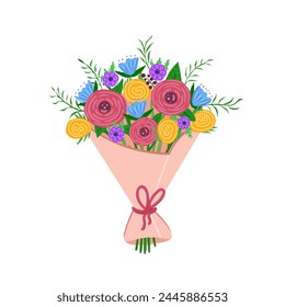 Flower bouquet. Bunch of plants in craft paper. Vector Illustration for printing, backgrounds, covers and packaging. Image can be used for cards, posters and stickers. Isolated on white background.