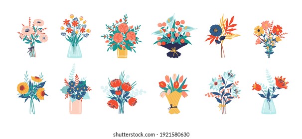 Flower bouquet. Bunch of plants in vase and glass bottle collection, cartoon blooming peony and colorful meadow greenery, decorative foliage. Vector isolated garden flowers botanical decoration set