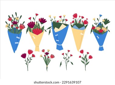 Flower bouquet. Bunch of plants in vase and glass bottle collection, cartoon blooming peony and colorful meadow greenery, decorative foliage. Vector isolated garden flowers botanical bouquet
