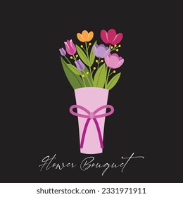 Flower bouquet. Bunch of plants in vase and glass bottle collection, cartoon blooming peony and colorful meadow greenery, decorative foliage. Vector isolated garden flowers botanical decoration set