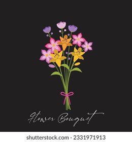 Flower bouquet. Bunch of plants in vase and glass bottle collection, cartoon blooming peony and colorful meadow greenery, decorative foliage. Vector isolated garden flowers botanical decoration set